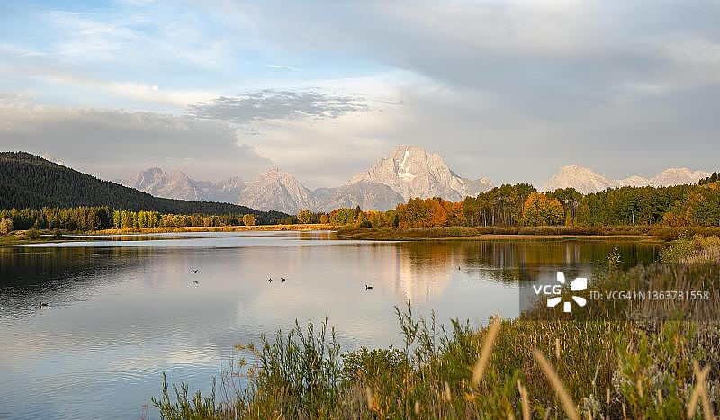 莫兰山倒映在蛇河中，牛轭弯的清晨，秋树和大提顿山脉，美国怀俄明州大提顿国家公园图片素材