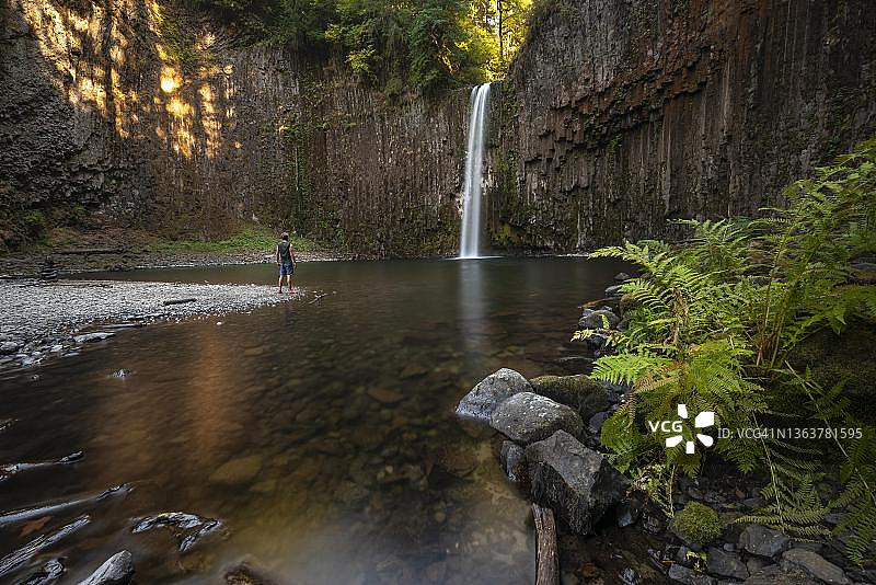 在美国俄勒冈州阿比夸瀑布的瀑布前，玄武岩柱岩壁和岸边蕨类植物前的年轻男子图片素材
