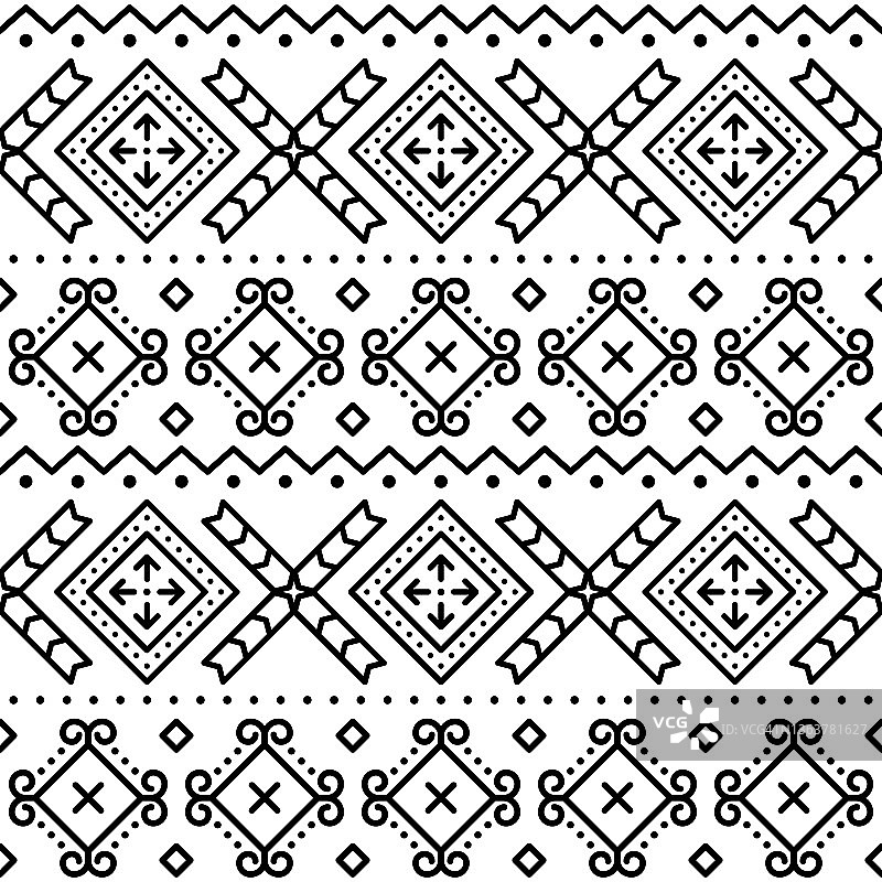 斯洛伐克部落风格民间艺术矢量无缝几何图案，民族装饰灵感来自斯洛伐克日利纳地区奇奇马尼村的传统彩绘房屋图片素材