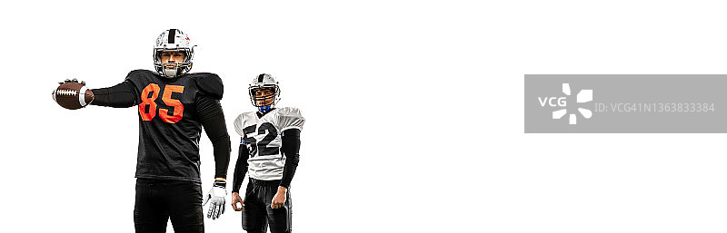 美式足球运动员肖像宣传单，带运动装备，白色背景图片素材