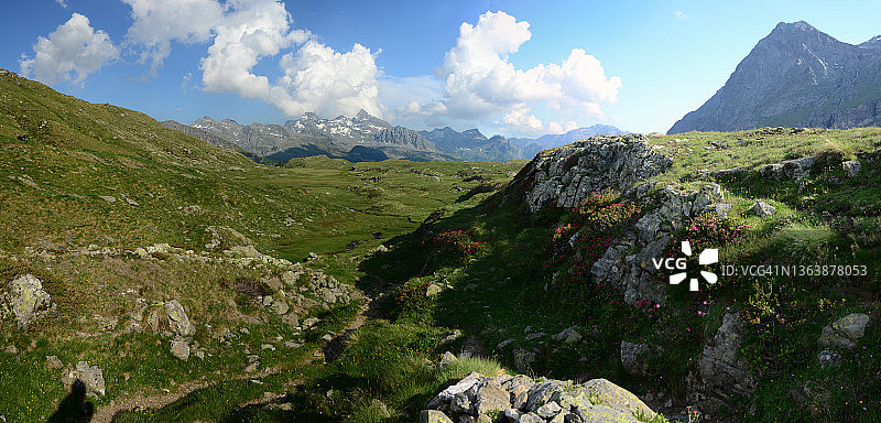 在野生的绿色高山山谷中徒步旅行图片素材