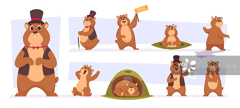 土拨鼠。卡通风格的可爱野生动物土拨鼠日循环插图矢量图片集图片素材