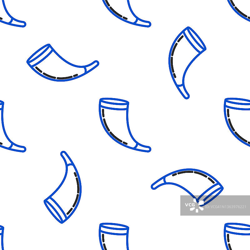 线性传统公羊角，犹太号角图标在白色背景上隔离的无缝图案。犹太新年传统象征。彩色轮廓概念。矢量图片素材