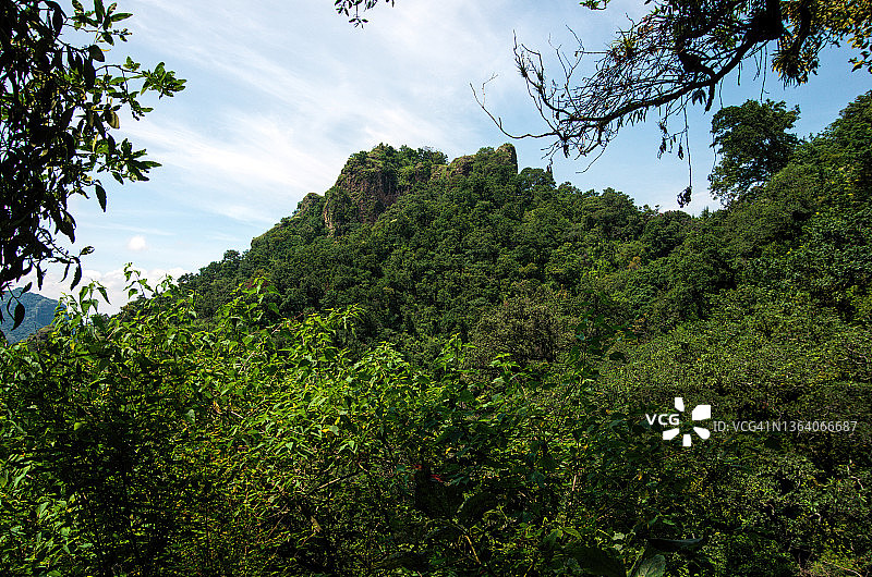 透过树木远眺墨西哥莫雷洛斯州特波斯特兰山区岩层图片素材