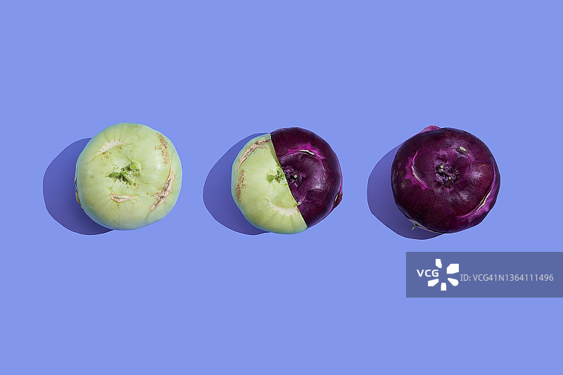 蓝色背景上的绿色和紫色大头菜图片素材