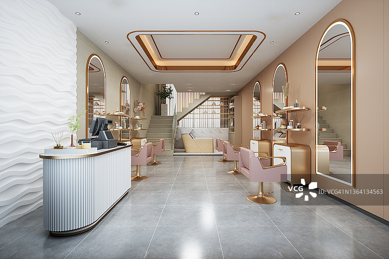 带粉色椅子、镜子、瓷砖地板和收银机的豪华美发美容沙龙内部图片素材