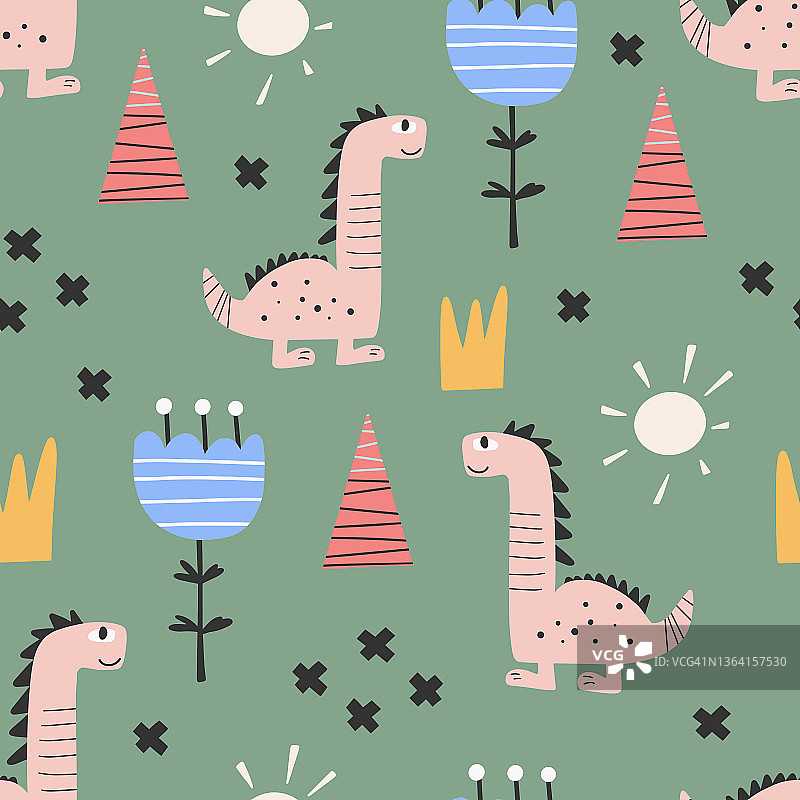手绘儿童恐龙无缝图案设计图片素材
