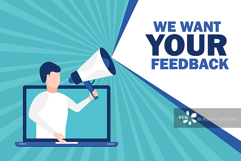 男人手持扩音器，笔记本电脑屏幕背景，我们需要您在语音气泡中的反馈图片素材