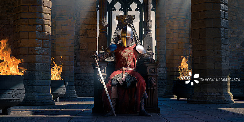 坐在城堡王座上的盔甲骑士图片素材