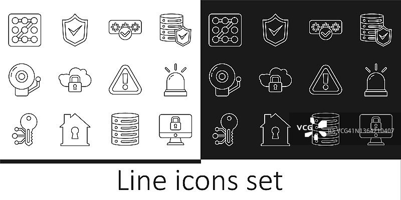 电脑显示器锁定、移动传感器、密码保护、云计算锁、响铃闹钟、图形密码、感叹号三角形和带复选图标的盾牌矢量图图片素材