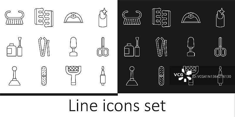 用于修指甲的铣刀、指甲剪、美甲灯、指甲油瓶、修脚刷和脚趾分离器图标组合矢量素材图片素材