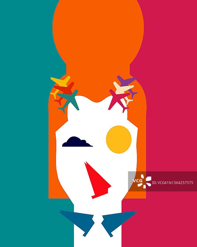 以云和太阳为眼，轮船为嘴的女人插画图片素材