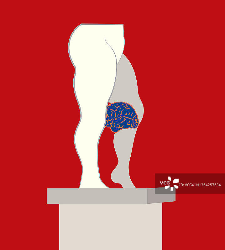 红色背景上腿间夹着大脑的男人雕像插画图片素材