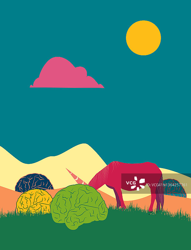 粉色独角兽藏在灌木丛后插画图片素材