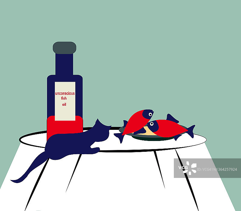 盘中鱼与注视的猫：关于隐藏潜意识的神秘插画图片素材