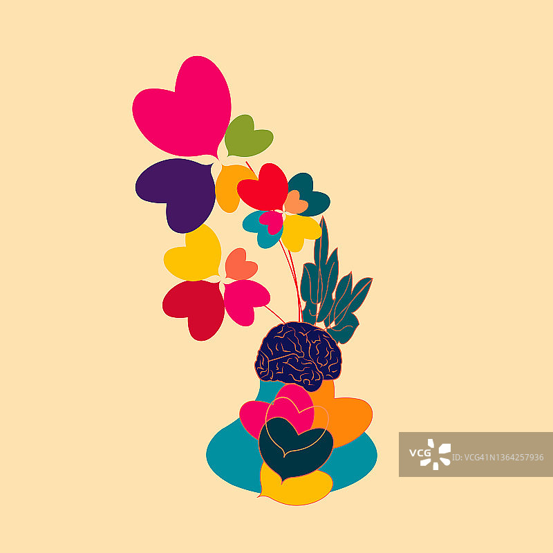 心形干花插画，花盆中装有土壤，形似大脑图片素材