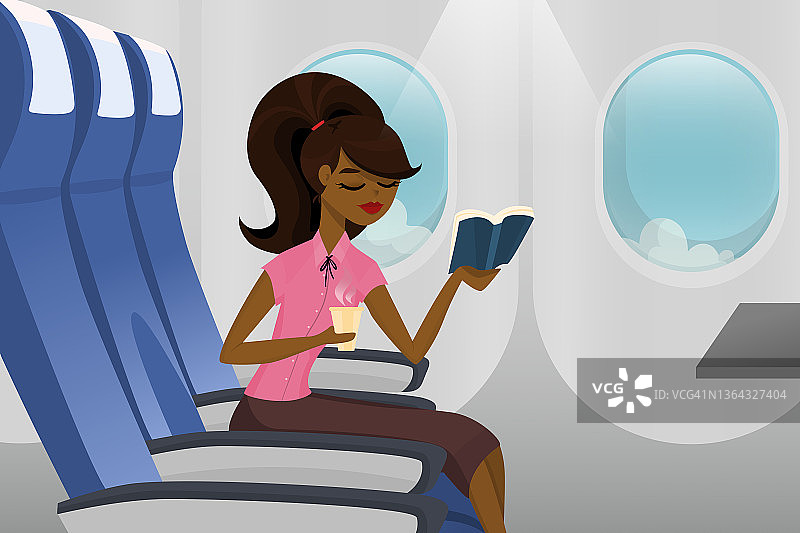 乘飞机旅行插图概念：一位美丽的黑发女人在乘飞机去旅行目的地时正在看书图片素材
