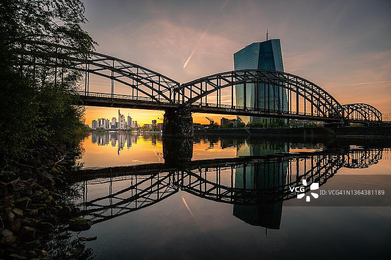 日落下的欧洲中央银行与法兰克福天际线图片素材