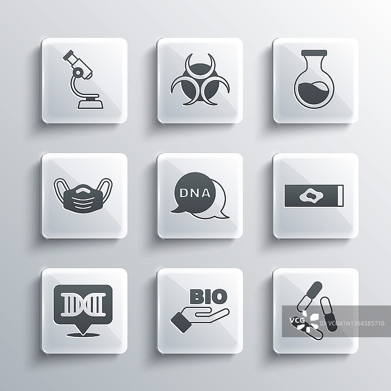 生物健康食品、病毒、血液检测和病毒、DNA符号、医用防护口罩、显微镜和试管烧瓶图标矢量素材图片素材