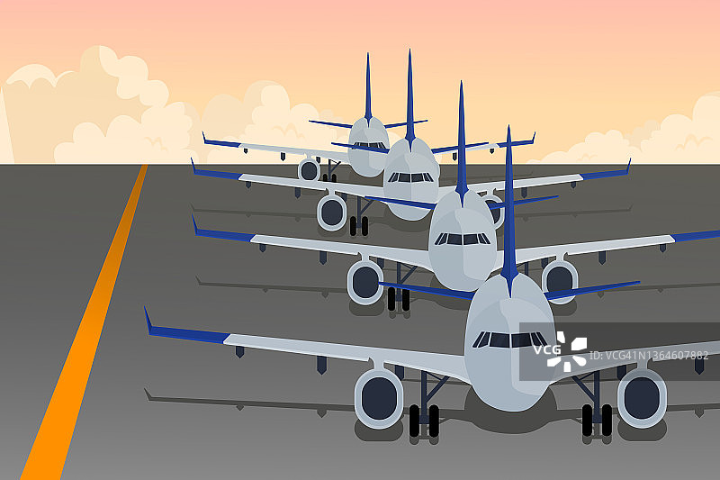 机场跑道插图概念：日落时分，机场跑道上的飞机和色彩缤纷的天空图片素材