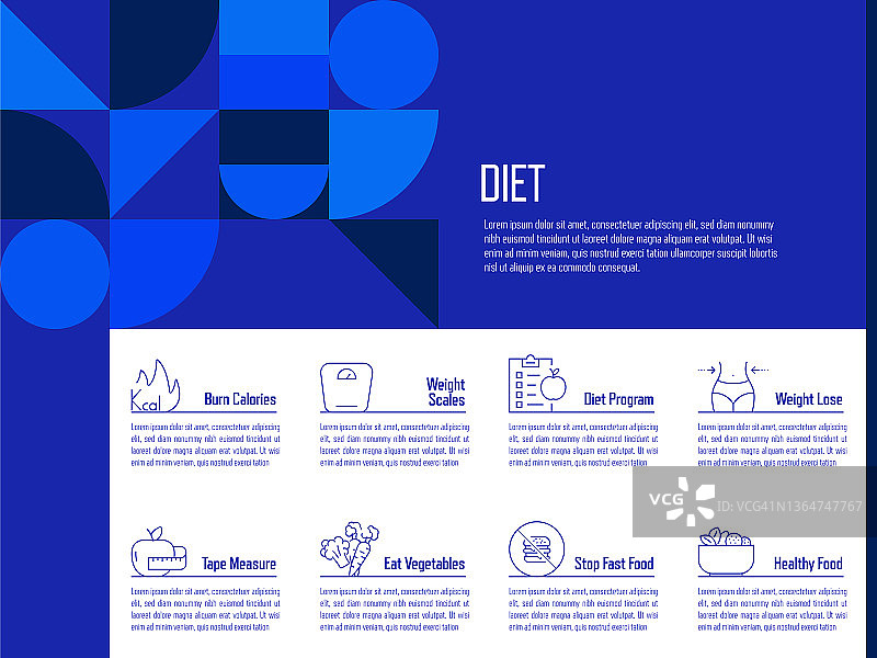 节食与健康营养概念矢量信息图设计（含图标），共8个选项或步骤，适用于演示、banner、工作流程布局、流程图等图片素材