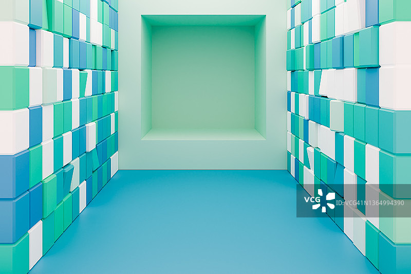绿蓝白几何立方体墙面背景，用于广告和营销图片素材