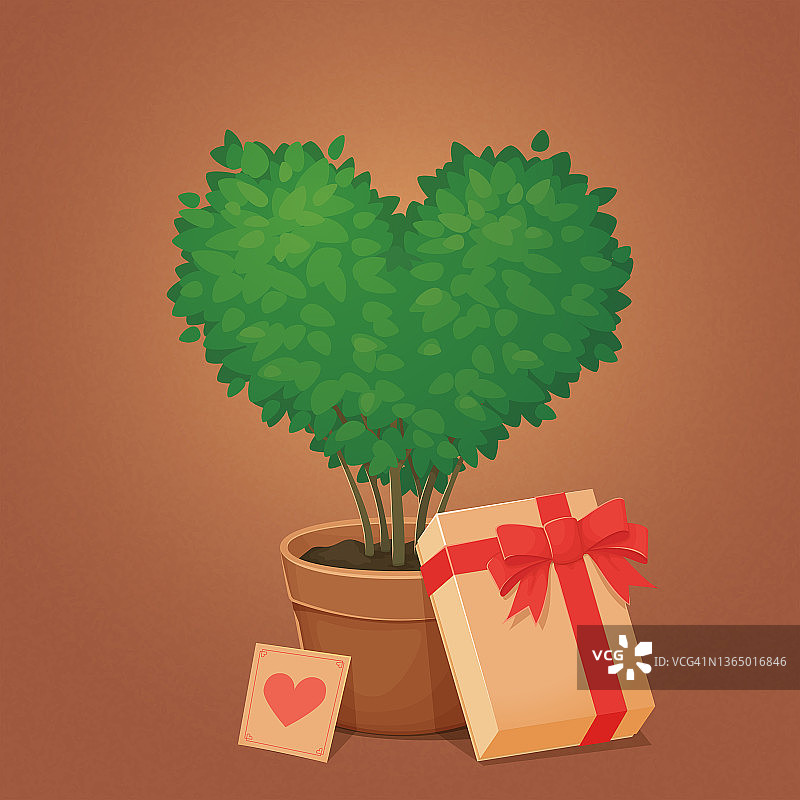 心形灌木与礼物，盆栽装饰植物，情人节贺卡模板，黄杨设计图片素材