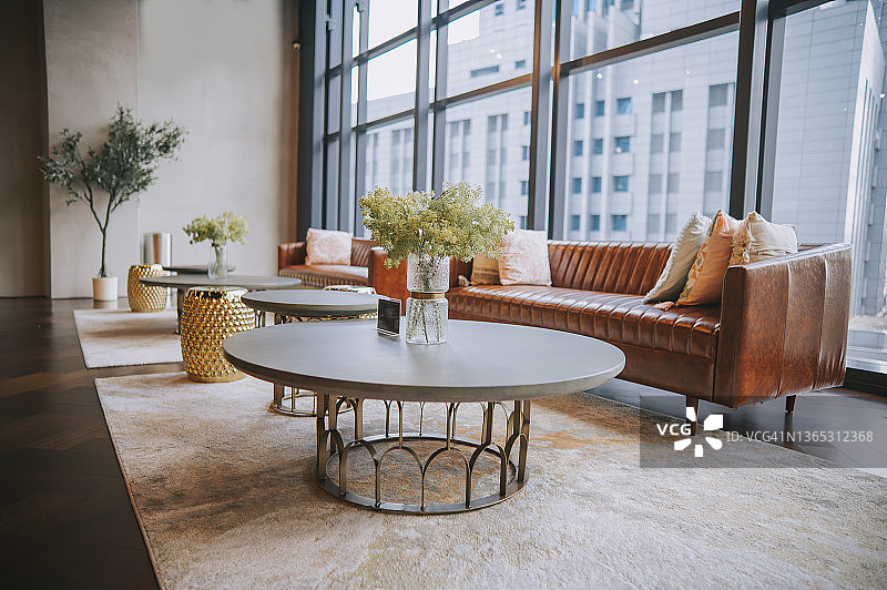 休息室，配有沙发，地毯和咖啡桌，背景是城市景观大堂区域的窗户图片素材