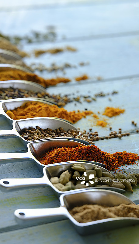 量勺中五彩印度香料图片素材