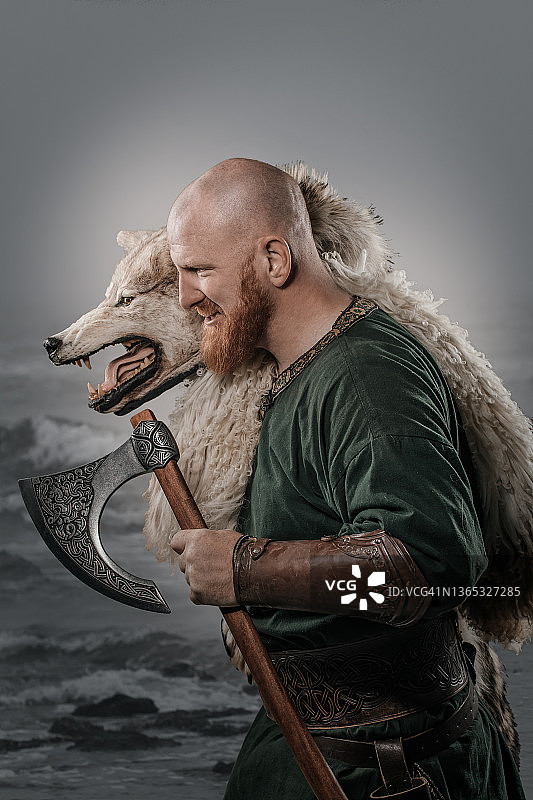 红发维京女战士与狼的影棚照图片素材