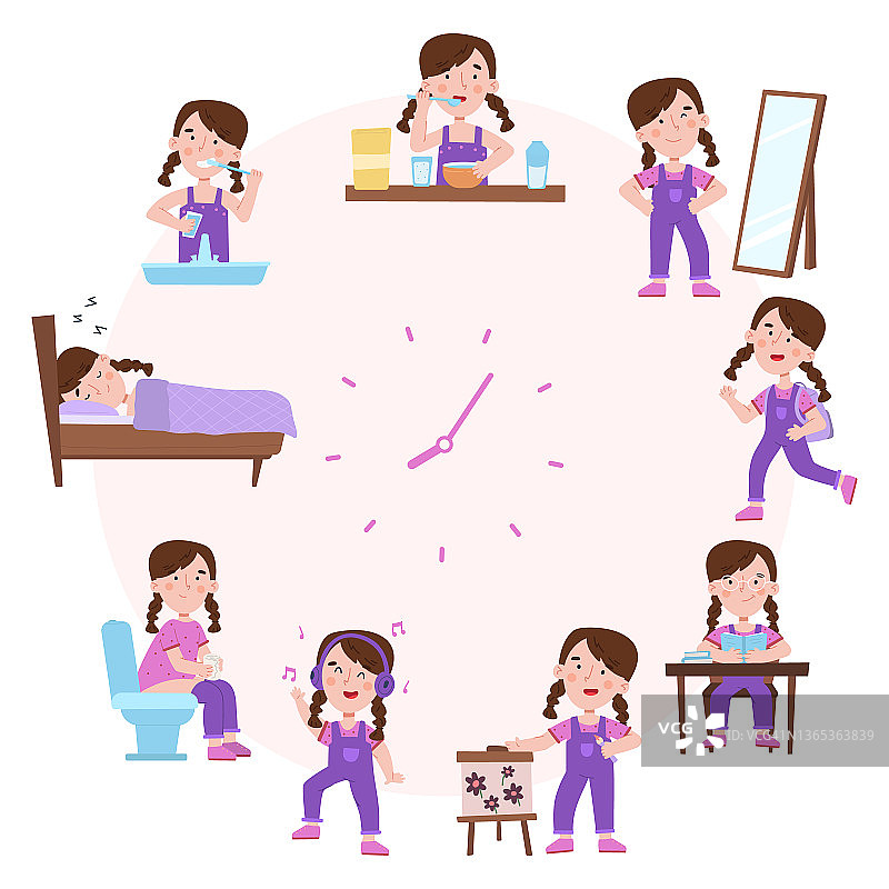 孩子每日睡眠和作息时间表，女孩的日常活动。可爱的女孩每日作息时钟面矢量插图。孩子吃饭、睡觉的作息图片素材