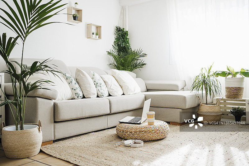 客厅里放在脚凳上的带一次性杯子的笔记本电脑图片素材