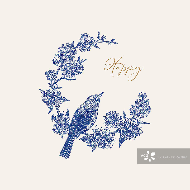 小鸟花环蓝色花卉装饰图片素材