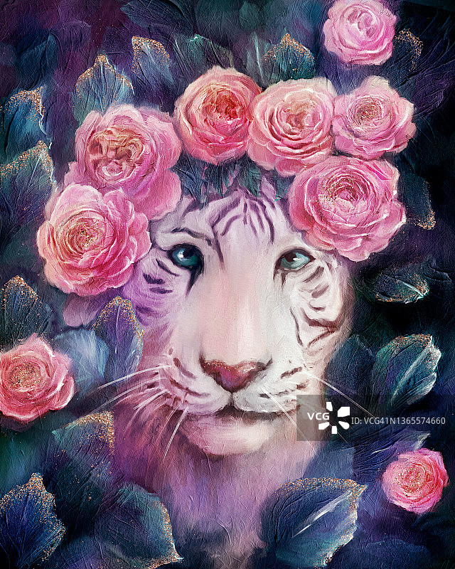 孟加拉白虎新年艺术插画，虎年象征，鲜花玫瑰老虎画像抽象数字油画图片素材