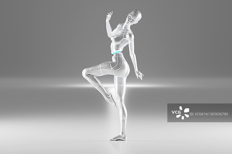 白色背景上单腿站立的人形机器人3D渲染图图片素材