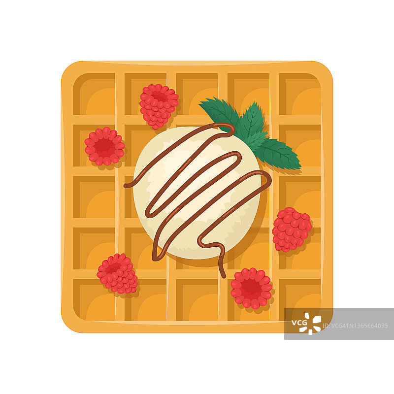 比利时华夫饼加冰淇淋、覆盆子和巧克力酱矢量图图片素材