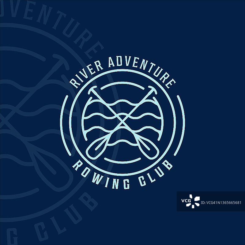 皮划艇独木舟极简线条图标矢量模板（圆形徽章，适用于极限运动或旅游行业）图片素材