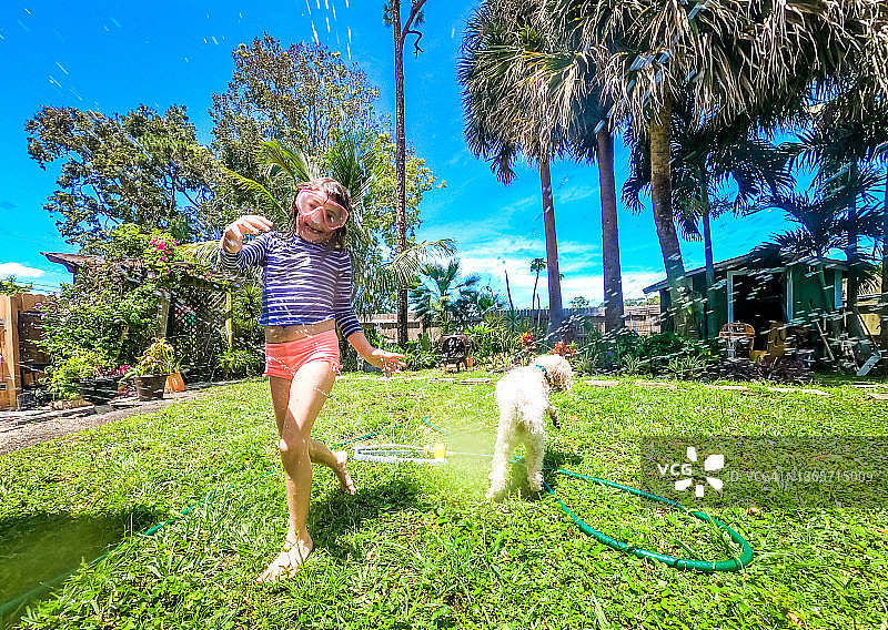 阳光明媚的日子里，快乐的女孩带着宠物狗在后院的洒水器中奔跑图片素材