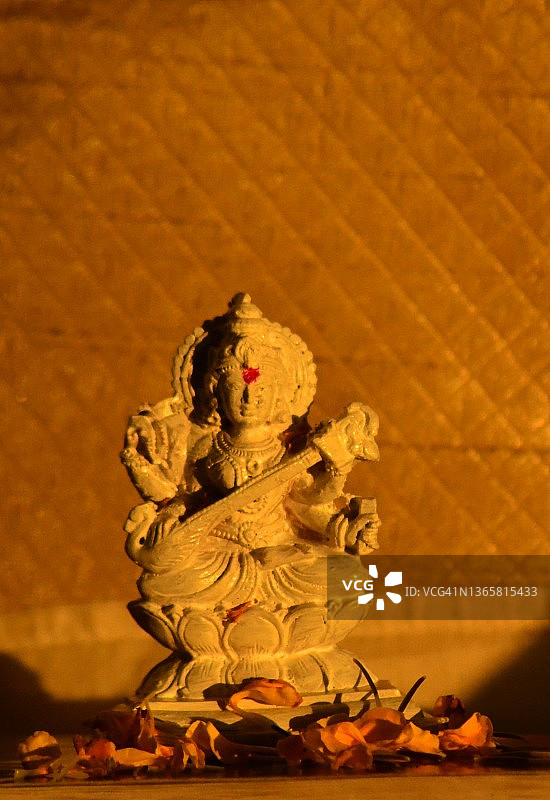 书本上的白度母萨拉斯瓦蒂神像/黄色万寿菊花/晨光/印度图片素材