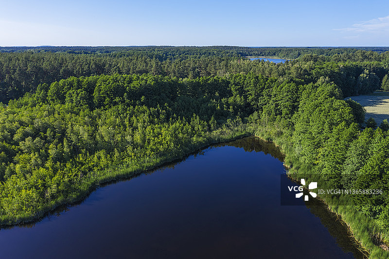 梅克伦堡湖区森林环绕的小湖（布霍尔茨附近的施瓦茨湖）航拍图片素材