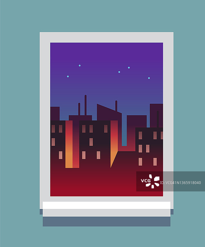 城市暮光：窗框视野中的公寓日景图片素材