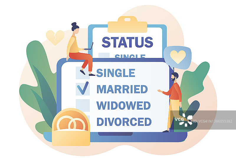 婚姻状况：在线复选框列表，包含单身、已婚、丧偶和离婚选项。法律状态变更。关系概念。现代扁平卡通风格。矢量插图图片素材