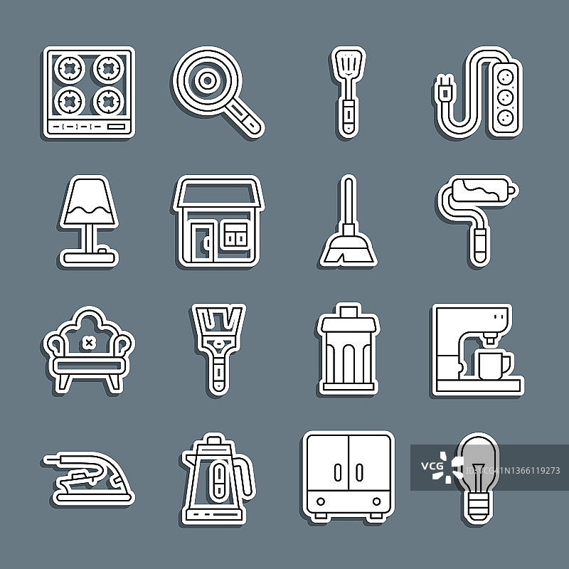 灯泡、咖啡机、油漆滚筒刷、锅铲、房屋、台灯、燃气灶和扫帚图标矢量图图片素材