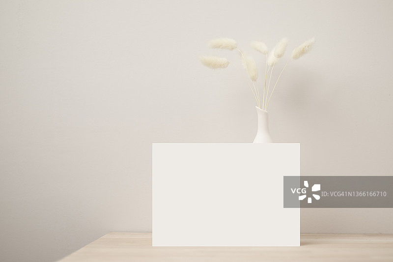 木桌和米色水泥墙上的兔尾草花瓶与空白纸卡图片素材
