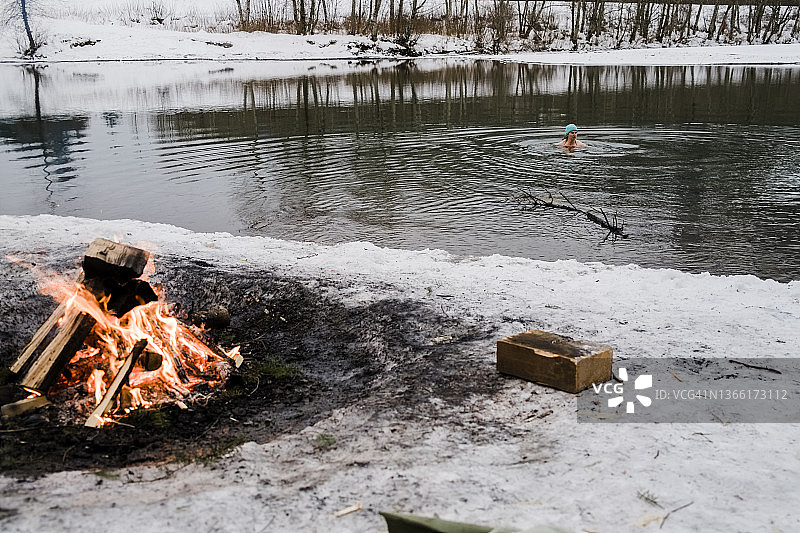 在新年北极熊游泳日，妇女在冰冷的河水中游泳图片素材