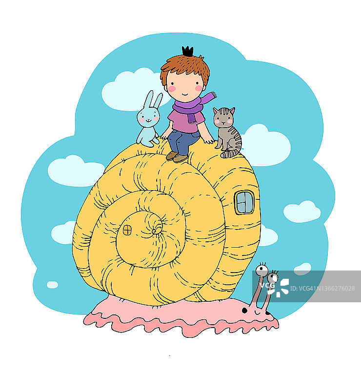 小王子、小猫和小兔子骑在蜗牛上。可爱的男孩设计图片素材