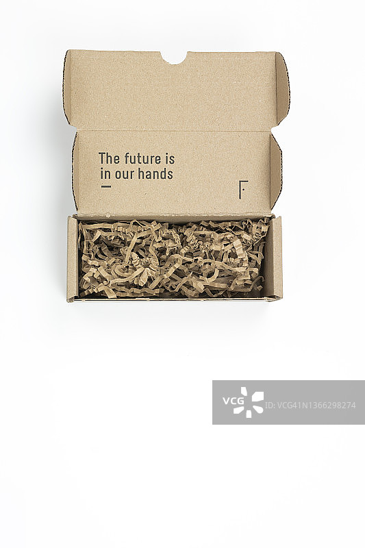 带有“未来掌握在我们手中”字样的纸板箱俯视图图片素材