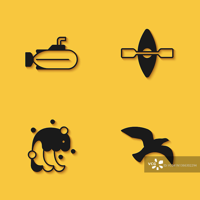 潜水艇、海鸥、海啸和皮划艇与桨图标，带长阴影矢量图图片素材