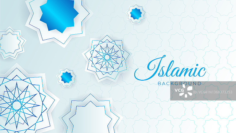斋月卡里姆伊斯兰背景，具有装饰性蓝色白色图案的伊斯兰设计背景，斋月卡里姆抽象奢华伊斯兰元素背景图片素材