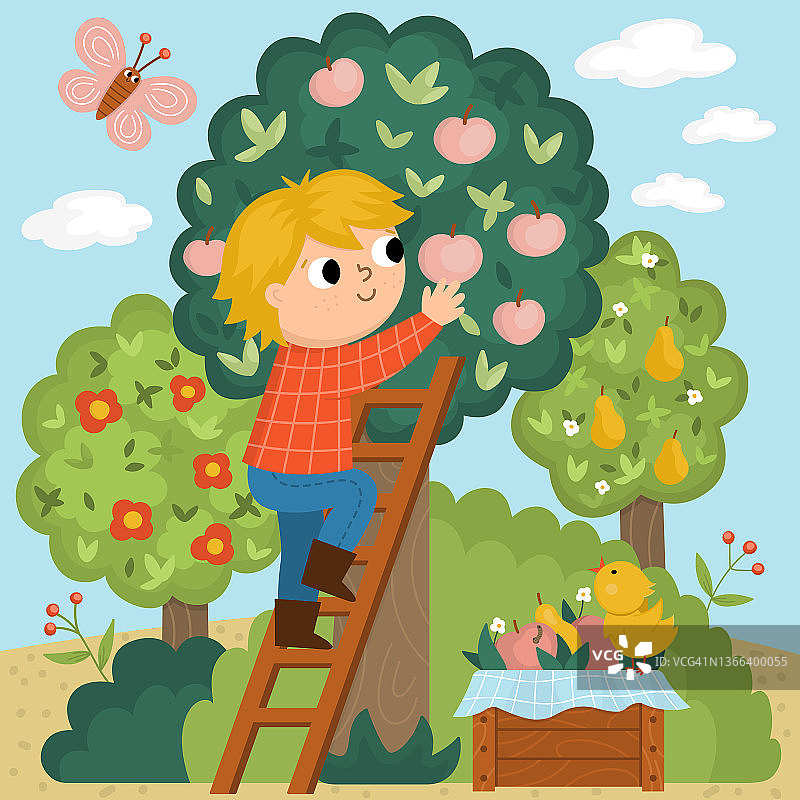 农民采摘苹果场景矢量素材：可爱儿童农业劳动图标图片素材